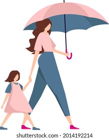 A mother with a child under an umbrella. A young girl and her daughter are holding hands under an umbrella. Illustration on a white background.