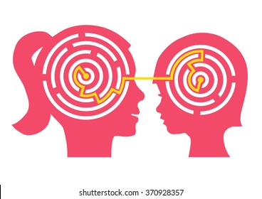 Mother and child understanding. Female and child stylized head silhouettes with maze symbolizing psychological processes of understanding and motherly love. Vector available.  