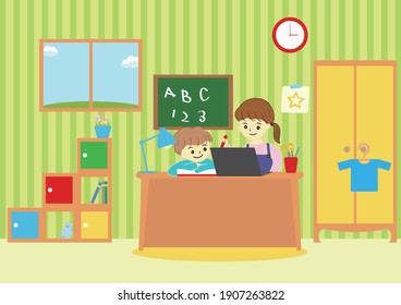 a mother and a child using a computer  Home learning 
kid's room