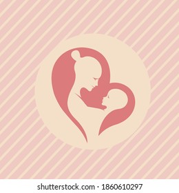 Mother and Child vector art logo.Red color heart shape icon.Beautiful, tender mom and baby child holding.Motherhood illustration isolated on decorative lines background.Newborn embrace.