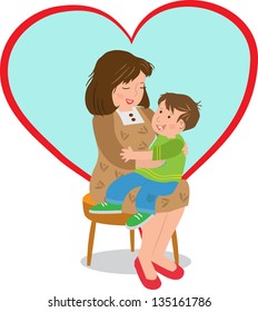 Mother and Child - Vector illustration of a boy sitting on his mother's lap and a big heart shape in the background. Eps10