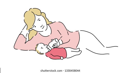 Mother with child vector illustration. Mother feeds baby from a bottle. Parenting illustration. Moder flat shapes design. Hand drown illustration. -stock vector.