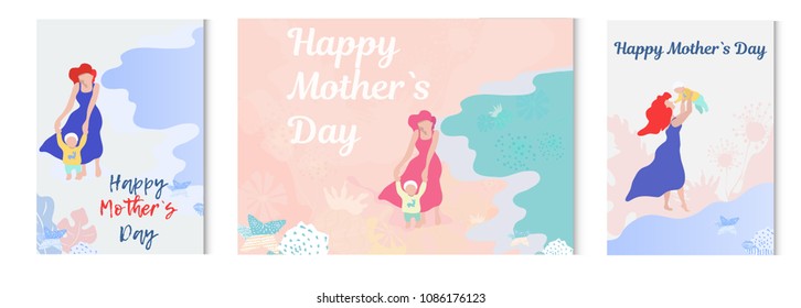 Mother with child vector illustration. mother teaches the child to walk. Parenting illustration. Moder flat shapes design. Hand drown illustration. -stock vector.