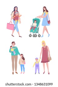 Mother and child vector, woman walking with kid daughter and son flat style. Lady with perambulator pram, mom with toddler boy motherhood childcare