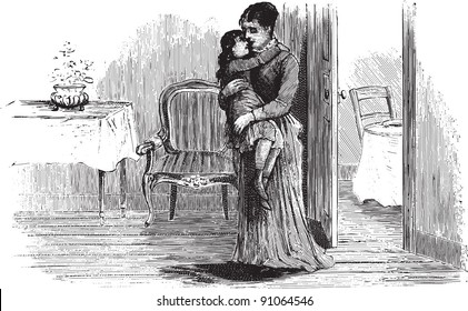 Mother and child - Vintage illustration from "La petite soeur par Hector Malot" 1882, France