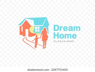 Mother and child walk along the path to the house logo design. Family moving into new house vector design