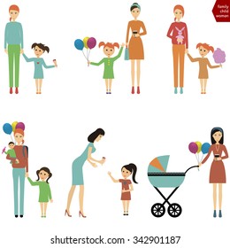 Mother with a child for a walk, eating cotton candy, balloons, happy, eating ice cream. Vector