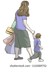 Mother and child walking along city street with shopping bags on white background.