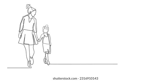 mother with child walking continuous line.single line mother holding child hand isolated white background