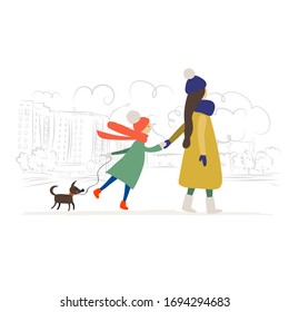 Mother and child walking with dog on the city street. Winter Season. Vector illustration