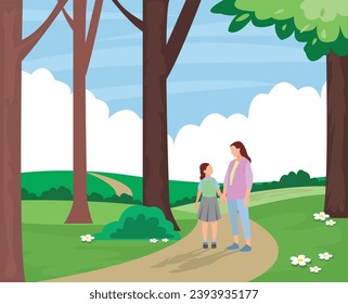 mother and child walking in the forest