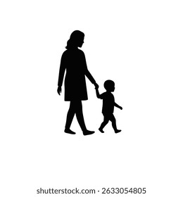 Mother and child walking holding hands silhouette.