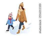 Mother and child walking on snowy path in winter outfits. Vector illustration