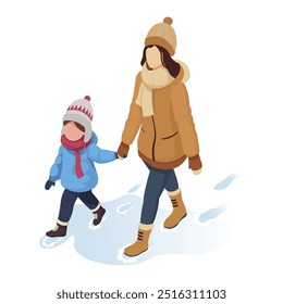 Mother and child walking on snowy path in winter outfits. Vector illustration