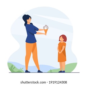 Mother and child walking in park. Mom giving ice cream to daughter kid. Flat vector illustration. Family activities, leisure time together concept for banner, website design or landing web page