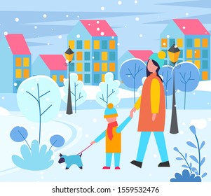 Mother and child walking with pet on leash. Evening cityscape with buildings exteriors. Facade of homes at street with lantern lights. Mom and son with dog. Owners of puppy in clothes. Vector in flat