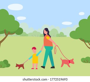 Mother with child walking pet on leash in forest vector, flat style family woman with son holding hands strolling in forest. Nature with trees and clear clouds, time spent together illustration
