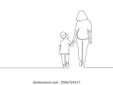 Mother and Child walking Together One Line Vector Illustration. Happy family Outline Art. Motherhood Minimalist Concept. Happy Mother Day Background with Black Silhouettes. 