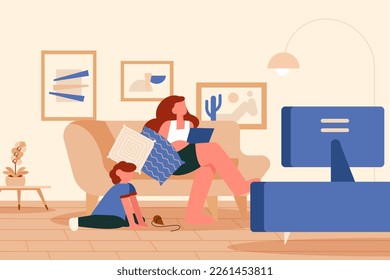 Mother and child watching tv at home. Brazilian house.