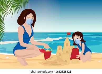 Mother and child wear face mask during coronavirus and flu outbreak. Mother with baby playing on a beach. Vector illustration.