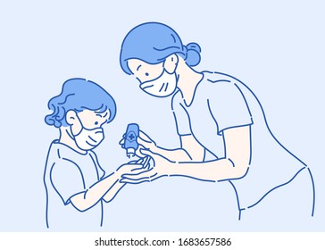 Mother and child wear face mask and use hand sanitizer during coronavirus outbreak. Infection control concept. Hand drawn thin line style, vector illustrations.