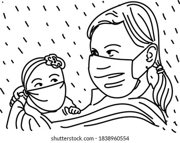 a mother and child wearing a mask, black and white vector illustration