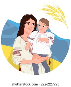 Mother with child wearing Ukrainian national clothes on white background. Vector illustration