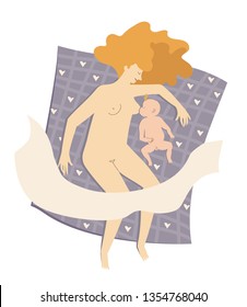 mother and child, woman breastfeeds a child, sleeping together with the baby, breast-feeding. illustration of a mother with a baby in a minimalist style. Cute cartoon style vector illustration