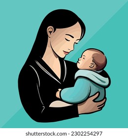 mother and child, woman holding baby mother's day colorful vector illustration