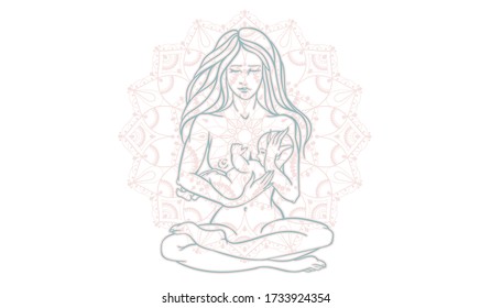 Mother and child. Woman holds baby in her arms sitting in lotus position. Harmony Yoga relaxation Pose. Henna mehndi style pattern background. Healing energy asana. Giving birth Meditation. Vector