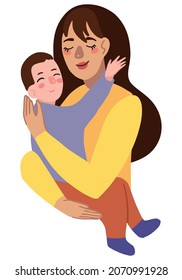 Mother and child. Woman holds son in arms. Mother's Day, parenthood concept. Hand drawn vector illustration. Colorful cartoon clipart isolated on white. Flat element for design, decor, card, sticker.