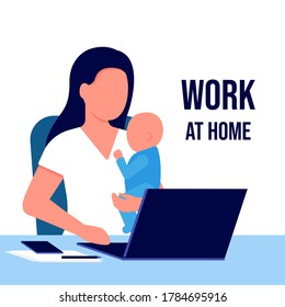 Mother with child working laptop at home. Working on maternity leave with baby in her arms. Combining motherhood and career. Vector flat illustration