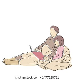 Mother and child wrapped in blanket read a book. Family home scene. Cozy Scandinavian lifestyle element. Black isolated contour and colors. Hand drawn style. Colorful flat vector illustration.