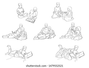 Mother and child wrapped in blanket read a book or drink cocoa. Set of family home scene. Cozy Scandinavian lifestyle. Mom and kid in warm socks, sweater. Black lines drawing. Hand drawn style. Vector