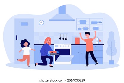 Mother And Children Baking Cake In Kitchen Together. Woman Taking Pie Out Of Oven, Happy Son And Daughter Flat Vector Illustration. Family, Parenting, Culinary Concept For Banner, Website Design