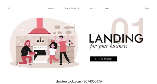 Mother and children baking cake in kitchen together. Woman taking pie out of oven, happy son and daughter flat vector illustration. Family, parenting, culinary concept for banner, website design