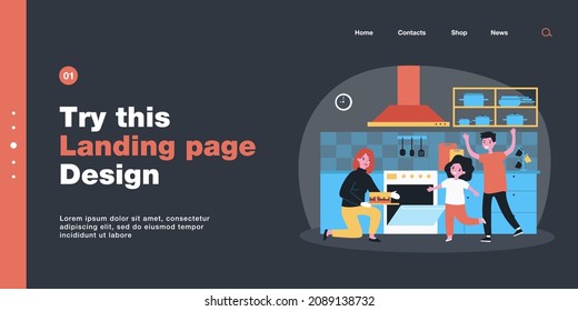 Mother and children baking cake in kitchen together. Woman taking pie out of oven, happy son and daughter flat vector illustration. Family, parenting, culinary concept for banner, website design