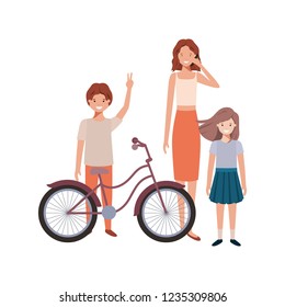mother and children with bicycle avatar character