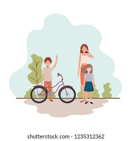 mother and children with bicycle in landscape