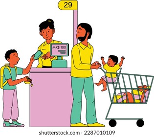 Mother and children buying food at the supermarket. Isolated vector illustration on white background.