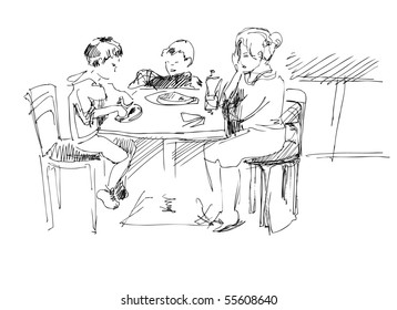   mother with children in a cafe at the