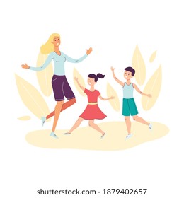 Mother with children cartoon characters dancing and jumping for joy, flat vector illustration isolated on white background. Family joint holiday celebration.