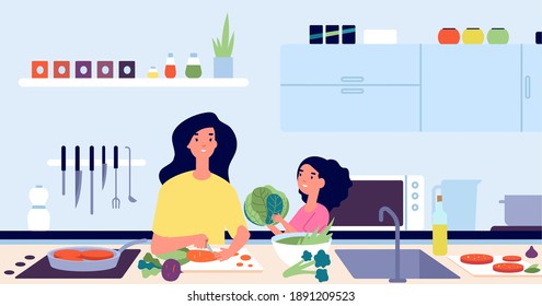 Mother children cook. Mom chef cooking, cartoon parent and daughter preparation food. Fun family on kitchen, dinner time utter vector concept