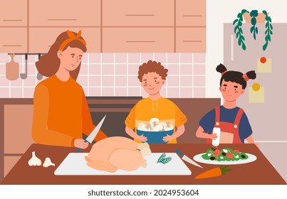 Mother and children cooking. Situation in kitchen. Family pastime. Children help their mom. Doing household chores. Preparing dinner for holiday. Tasty food. Cartoon flat vector illustration