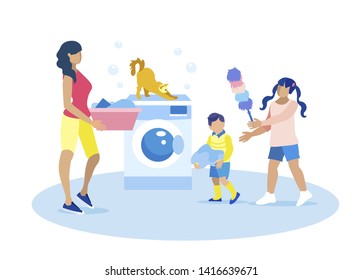 Mother and Children Doing Housework Isolated Illustration. Mom and Son Loading or Unloading Washing Machine with Stretching Cat on Top. Elder Daughter Offering Boy her Help. Vector Flat Cartoon