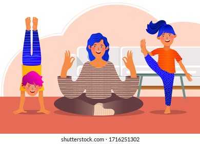 Mother and children doing yoga at home, great design for any purposes. Happy family sport activity. Family staying home. Healthy lifestyle. Happy cheerful family.
