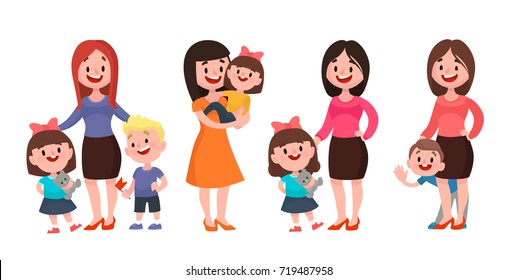 Mother with children. Happy mother holding, cuddling, hugging, embracing her daughter. Young woman with a little daughter and son vector set illustration