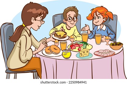 mother and children having breakfast cartoon vector