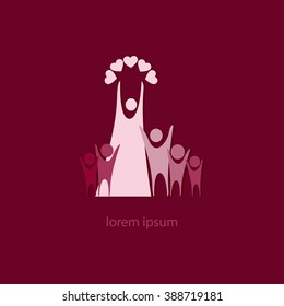 Mother and children with heart in hands.   light icon on a dark burgundy background for web and mobile design