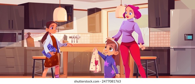 Mother and children in home kitchen interior with fridge. House room to cook with equipment inside. People in modern apartment with refrigerator, sink, modular cupboard and sunlight from window